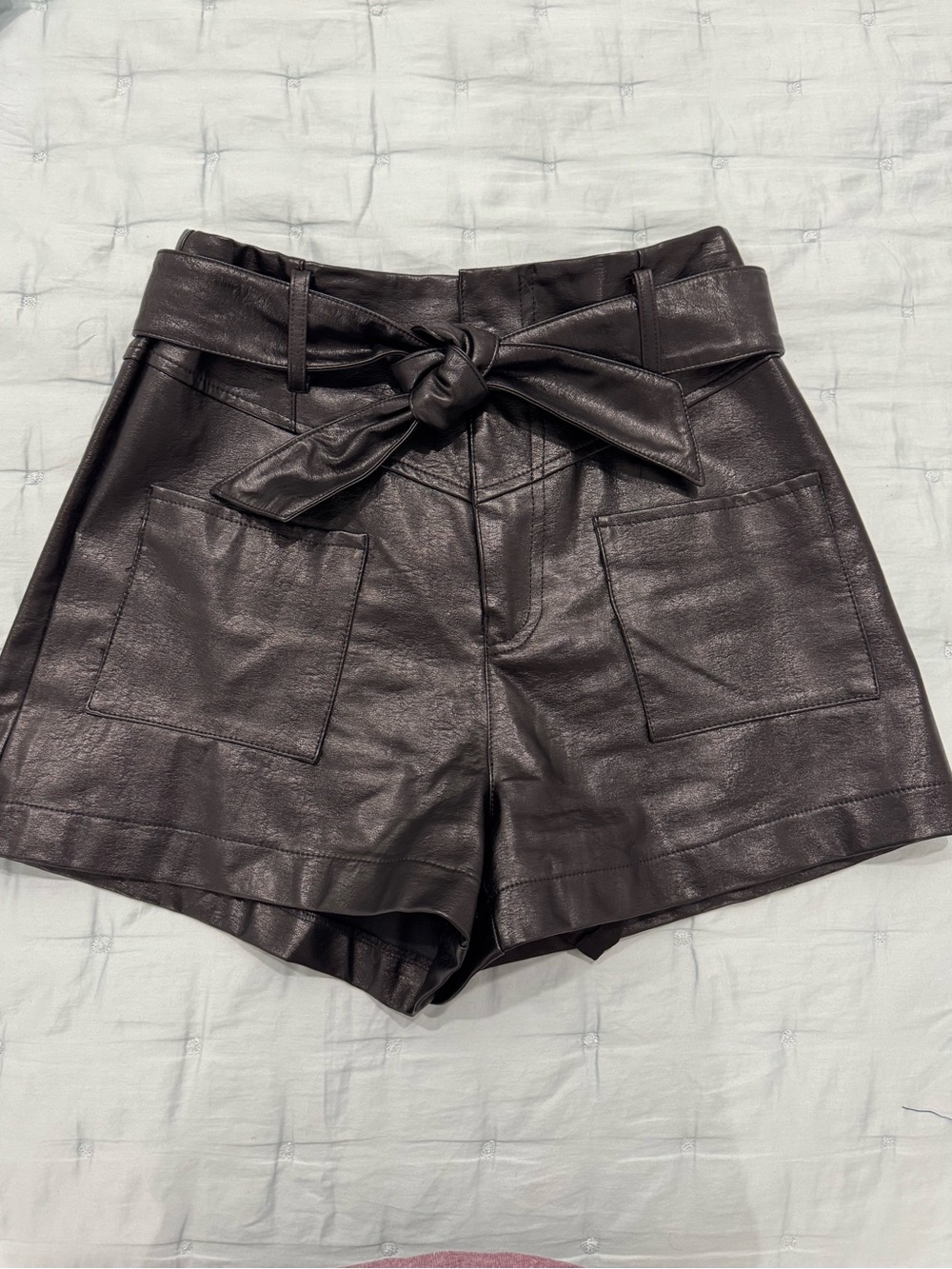 High-Waist Faux Leather Tie-Belt Shorts in Black